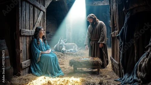 Nativity scene with Mary and Joseph beside baby Jesus in a rustic barn