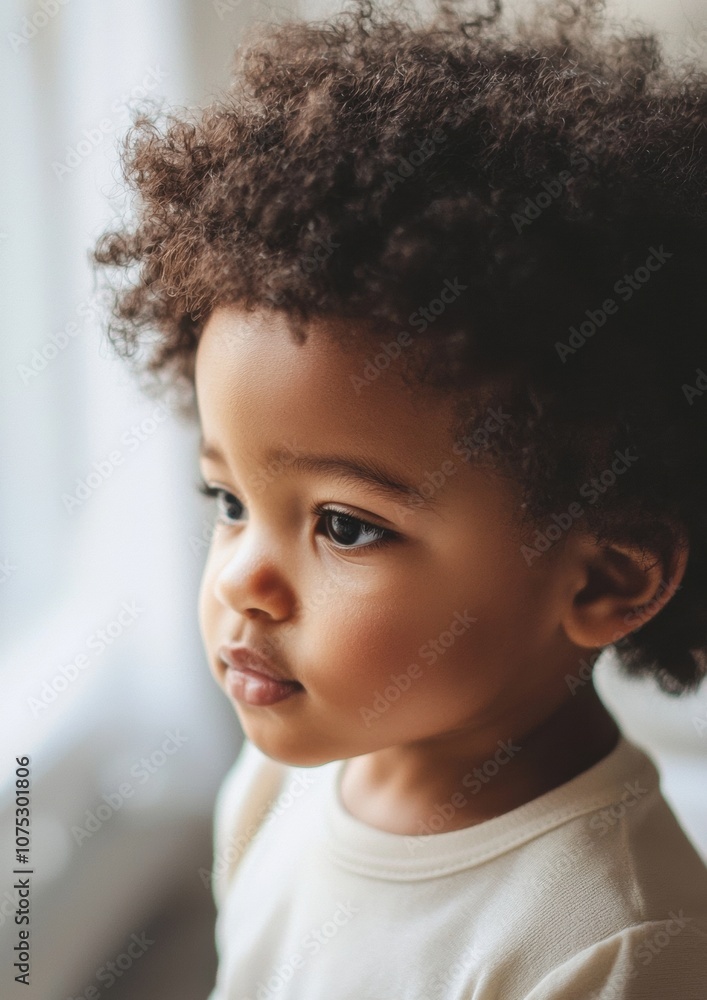 Obraz premium A young child with dark hair and a white shirt
