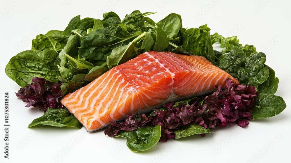 Fresh salmon fillet accompanied by a mix of vibrant green spinach and red lettuce for a healthy meal. Fresh salmon fillet accompanied by a mix of vibrant green spinach and red lettuce for a healthy meal.