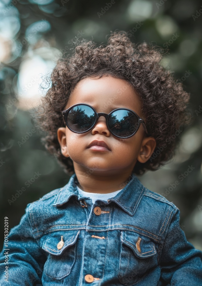 A young child wearing sunglasses and a denim jacket A young child wearing sunglasses and a denim jacket