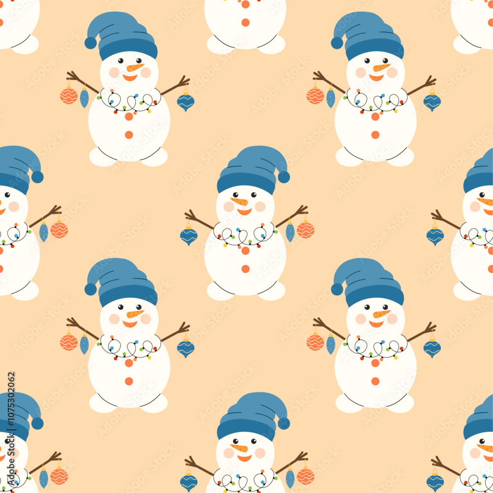 Christmas seamless pattern with a cute snowman in a hat, scarf and with Christmas decorations. Vector winter background. Perfect for textiles, wallpaper or holiday design. Christmas seamless pattern with a cute snowman in a hat, scarf and with Christmas decorations. Vector winter background. Perfect for textiles, wallpaper or holiday design.