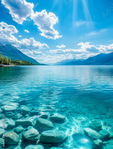 Scenic view of a crystal-clear lake with rocks underwater, surrounded by mountains under a bright blue sky and sunlight streaming through clouds
