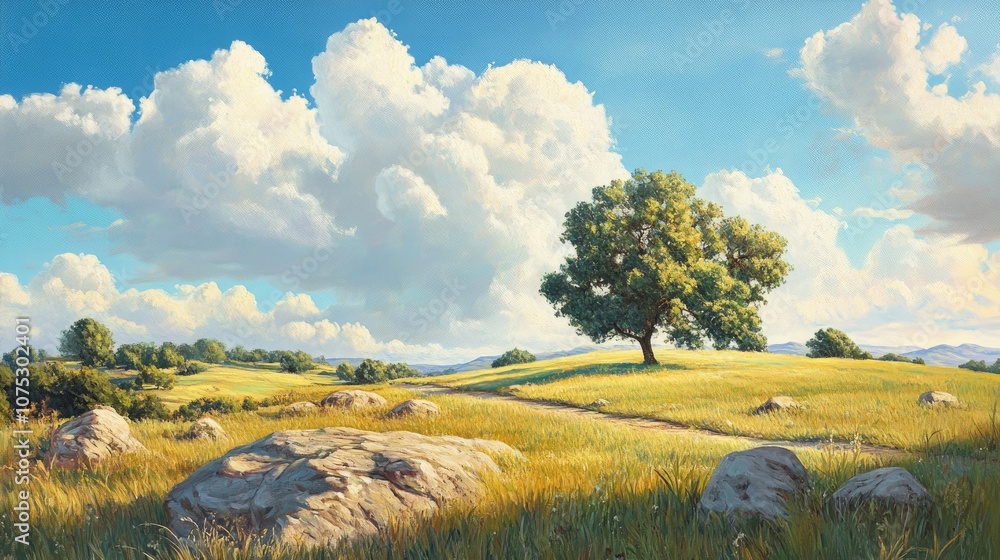 Fototapeta premium Oil painting depicting a rural landscape featuring rocks and clouds capturing serene countryside scenery