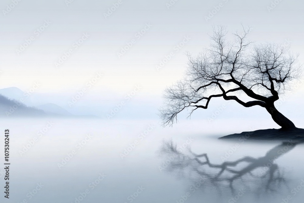 A tranquil lake at dawn with a foggy sky and a solitary tree reflecting in calm waters A tranquil lake at dawn with a foggy sky and a solitary tree reflecting in calm waters