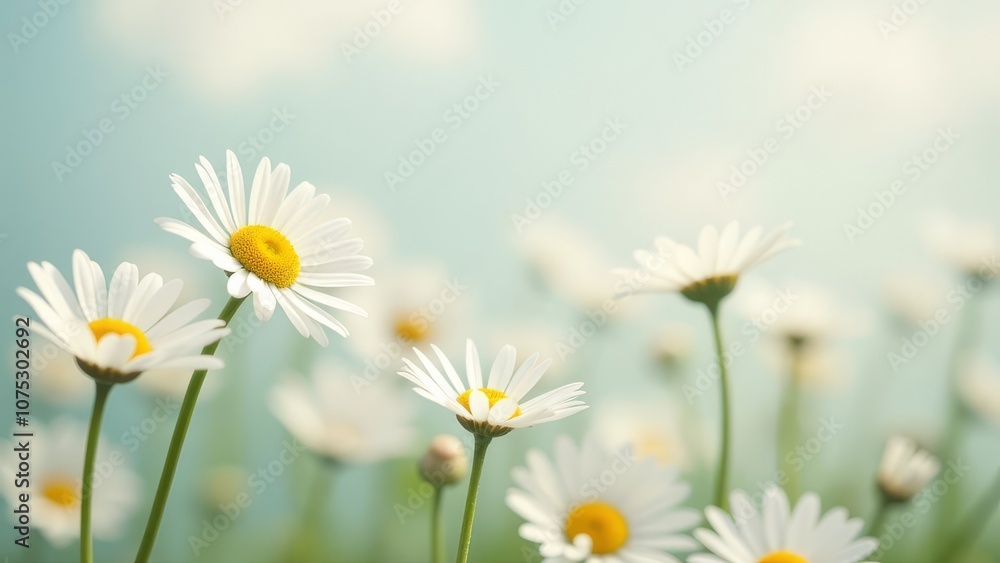A field of white daisies with a blue sky in the background A field of white daisies with a blue sky in the background