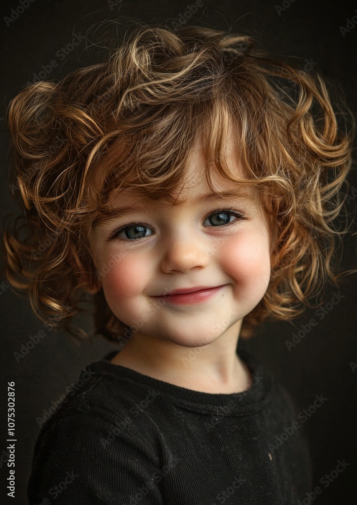 A young child with curly hair is smiling and looking at the camera A young child with curly hair is smiling and looking at the camera