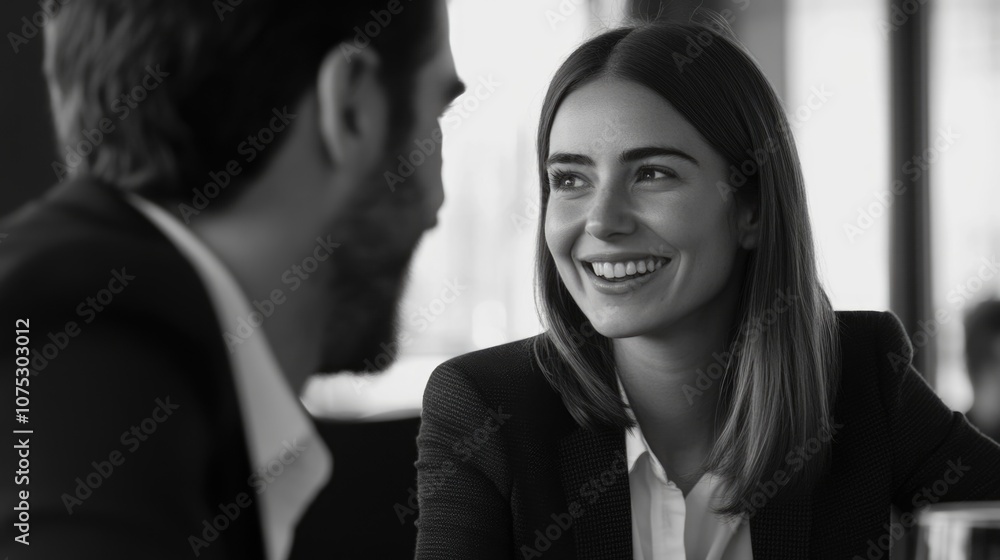Professionally dressed man and woman engage in a conversation over a table, indicating a business meeting or interview. They are both smiling and appear to be enjoying the discussion. Professionally dressed man and woman engage in a conversation over a table, indicating a business meeting or interview. They are both smiling and appear to be enjoying the discussion.