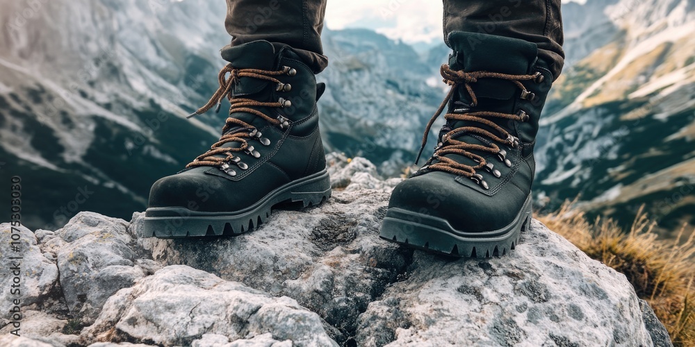 Hikers feet with rugged boots on rocky trail, indicative of outdoor adventure and mountain exploration. Hikers feet with rugged boots on rocky trail, indicative of outdoor adventure and mountain exploration.