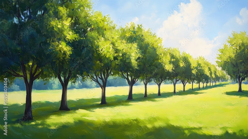 Naklejka premium Oil painting featuring a row of lush green trees and vibrant grass in a serene natural landscape