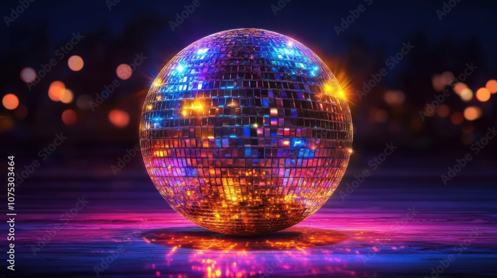 Obraz premium A vibrant disco ball reflecting colorful lights, creating a lively atmosphere perfect for celebration.