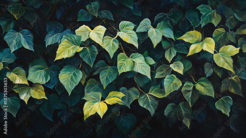 Fototapeta premium Oil painting featuring vibrant green leaves against a dark backdrop