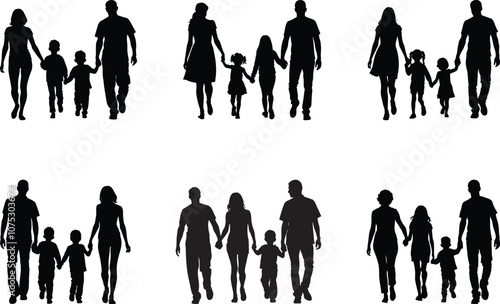 Silhouette of dad mom and child walking and holding hands
