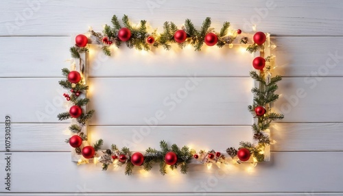 Christmas lights bulb frame decoration on white wood. Merry Christmas and New Year holiday background. top view