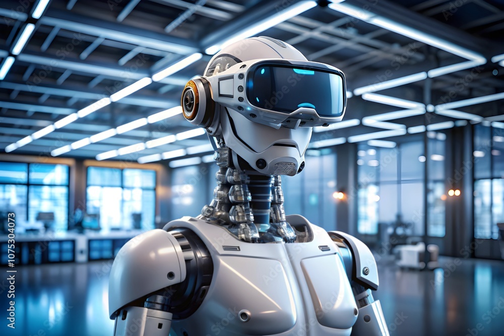 Fototapeta premium A robot wearing vr headset in hightech space 