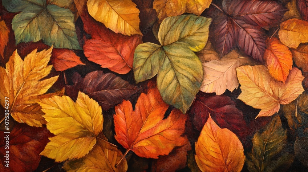 Oil painting depicting autumn leaves in vibrant colors capturing the essence of the fall season Oil painting depicting autumn leaves in vibrant colors capturing the essence of the fall season