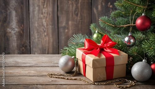 Christmas gift box with red bow, fir branch and Christmas tree ball ornaments on rustic wood - Decoration with chain of lights