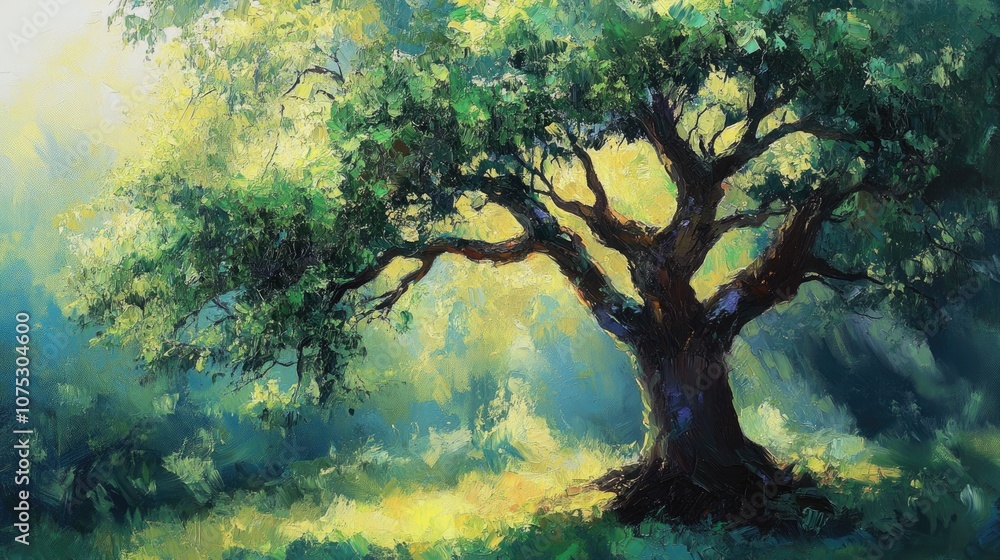 Fototapeta premium Oil painting depicting a vibrant and lush green tree showcasing its beauty and richness in color