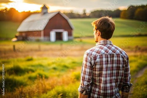 A young man looking farm, a man at rural landscape 