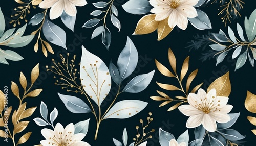 Winter background vector. Hand painted watercolor and gold brush texture, Flower and botanical leaves hand drawing. Abstract art design for wallpaper, wall arts, cover, wedding and invite card.