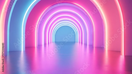 Neon Glowing Arches in a Futuristic Abstract Scene with Vibrant Colors. AI generated illustration