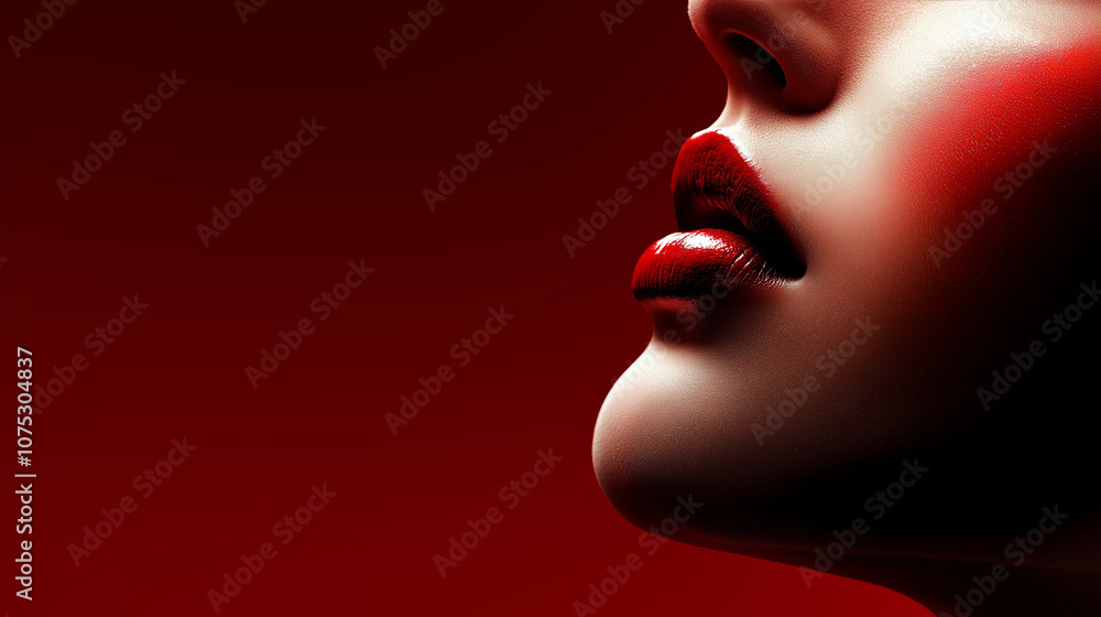 Close-up of glossy red lips against a dramatic red background, symbolizing passion and elegance. Minimal banner with copy space Close-up of glossy red lips against a dramatic red background, symbolizing passion and elegance. Minimal banner with copy space