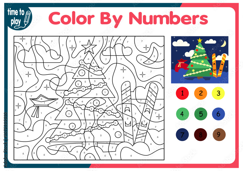 Fototapeta premium children's educational tasks, games. puzzle. coloring by numbers. Christmas tree. Christmas balls. penguin. deer.