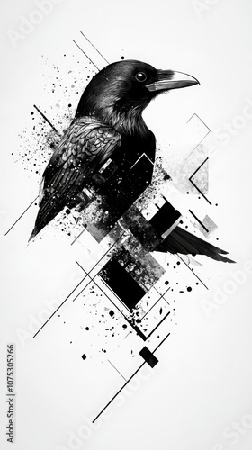 Stylized black and white illustration of a raven, enhanced with geometric shapes and abstract details, creating a modern and edgy design photo