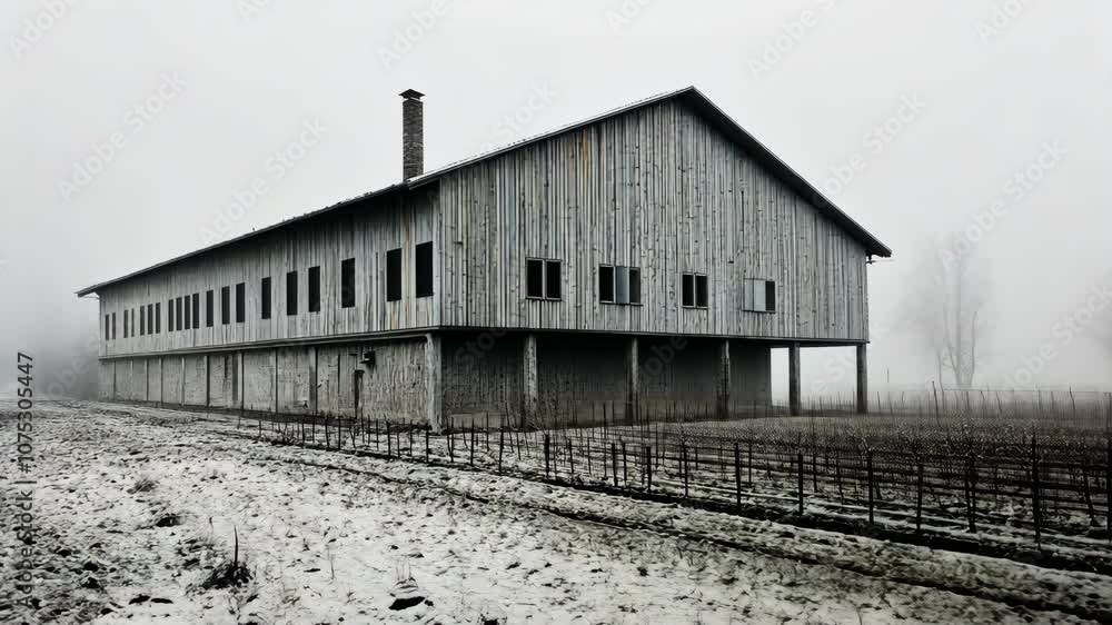 Immerse yourself in the tranquility of a remote farmhouse, shrouded in mist and snow, perfectly capturing the peacefulness of a cold winter day Immerse yourself in the tranquility of a remote farmhouse, shrouded in mist and snow, perfectly capturing the peacefulness of a cold winter day