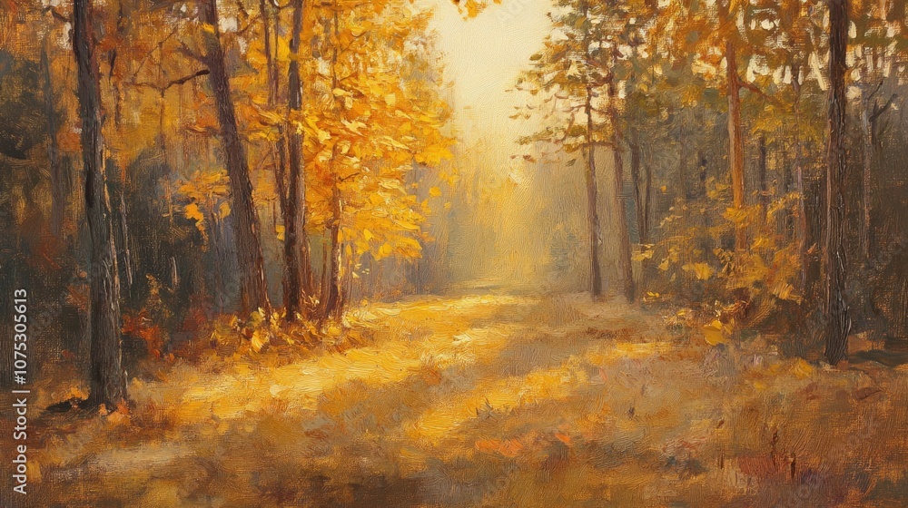 Fototapeta premium Oil painting depicting an autumn forest illuminated by golden sunlight showcasing beautiful trees during sunset or sunrise