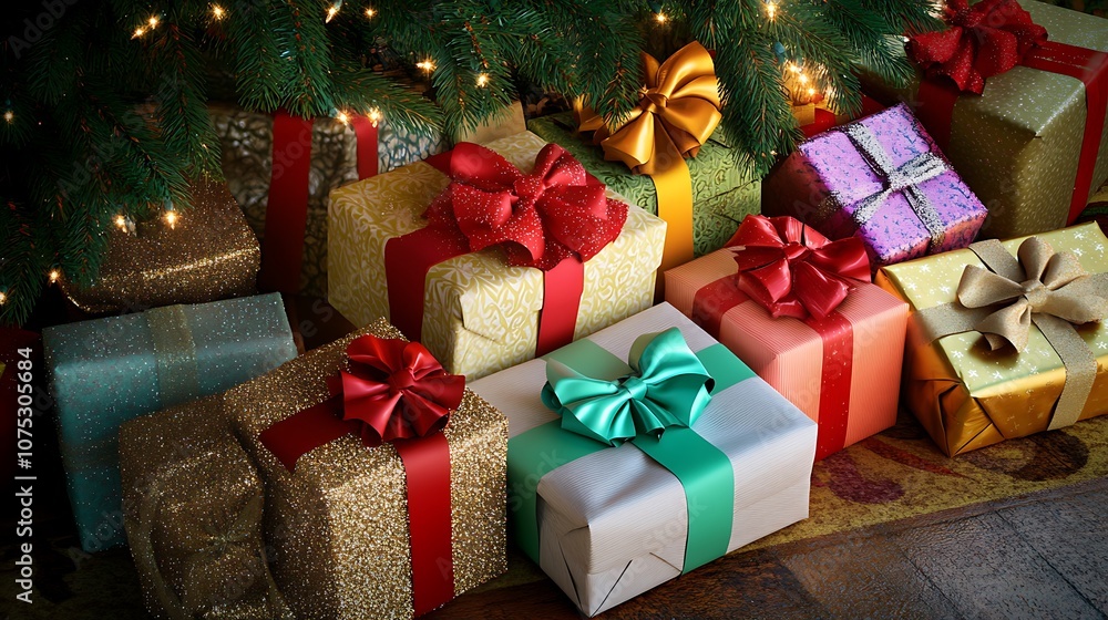 A collection of beautifully wrapped Christmas gifts under a tree with colorful bows and glittering paper A collection of beautifully wrapped Christmas gifts under a tree with colorful bows and glittering paper