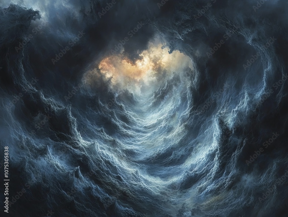 A swirling vortex of dark clouds opens up to reveal a bright light in the distance. A swirling vortex of dark clouds opens up to reveal a bright light in the distance.