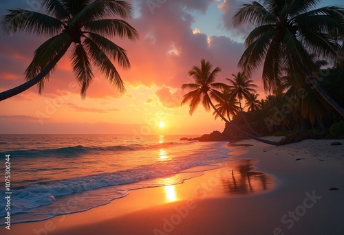 A scenic tropical beach with palm trees and a stunning sunset over the ocean