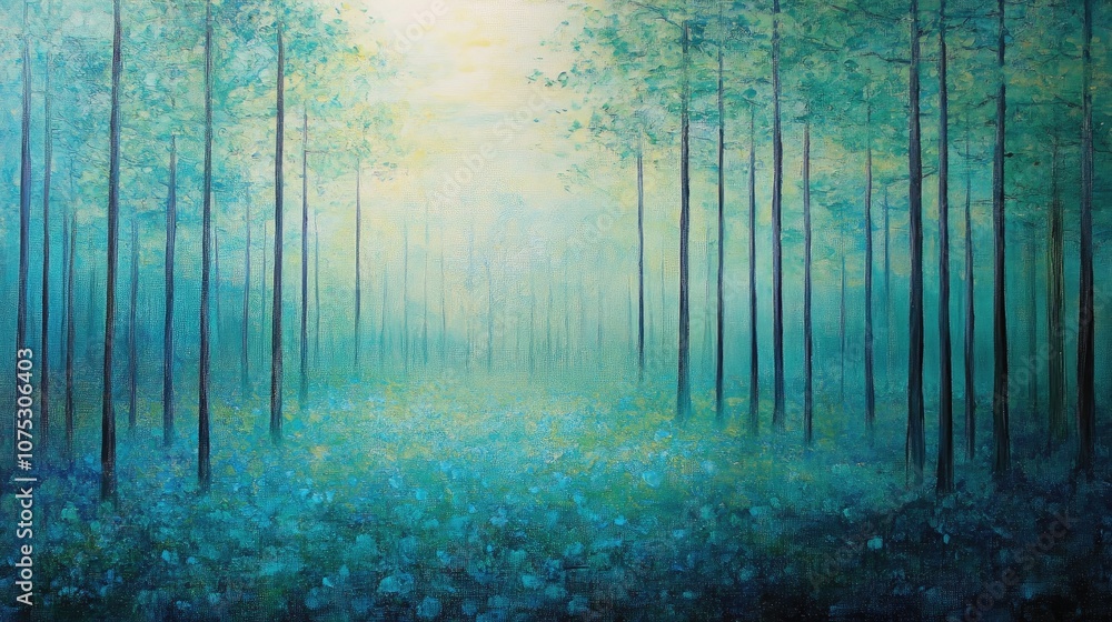 Obraz premium Oil painting depicting an expansive forest resembling a soft inviting carpet showcasing the beauty and tranquility of nature