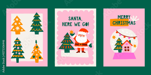 Cute cutout style Christmas cards vector templates. Hand drawn simple retro holidays illustration prints set with Santa Claus, Christmas trees, snow globe