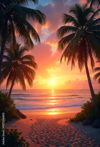 Fototapeta Naklejka Na Ścianę i Meble -  A scenic tropical beach with palm trees and a stunning sunset over the ocean