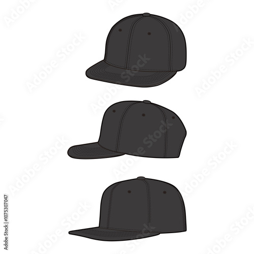 Snapback Cap Triple View Black Template for Fashion Design

