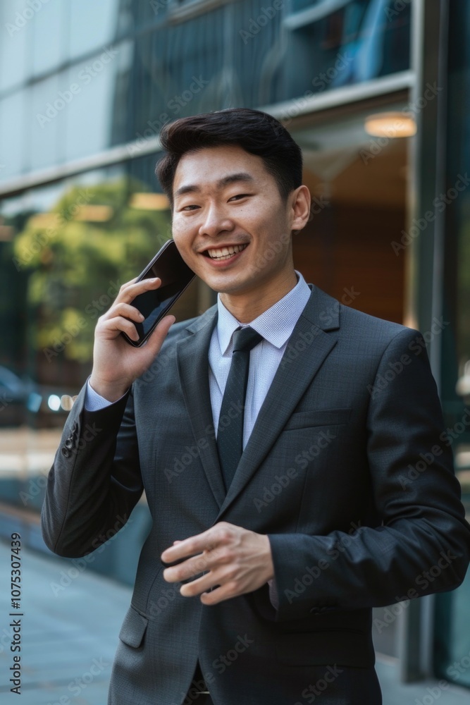 Asian businessman in suit talking on cell phone Asian businessman in suit talking on cell phone