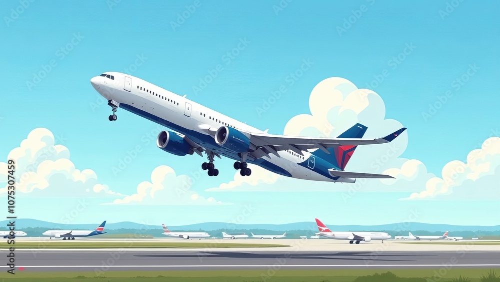 A large blue and white airplane is taking off from an airport A large blue and white airplane is taking off from an airport