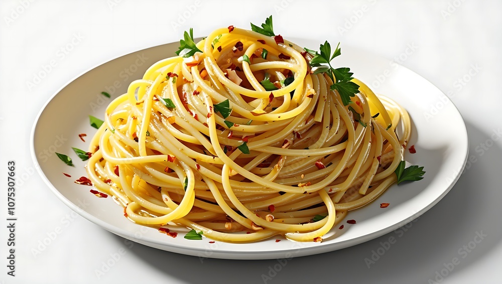A plate of spaghetti with garlic, olive oil, and red pepper flakes. A plate of spaghetti with garlic, olive oil, and red pepper flakes.
