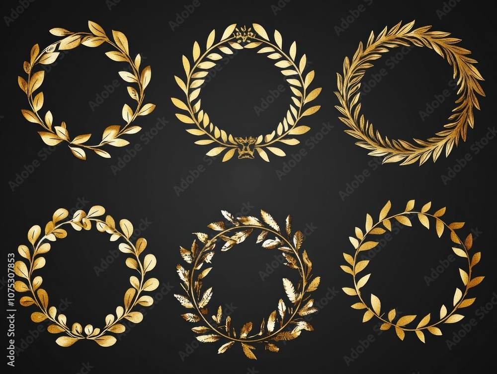Wreath designs in gold on black background. Wreath designs in gold on black background.