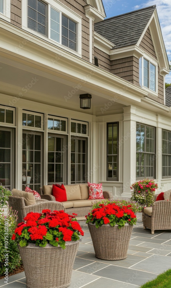 Fototapeta premium Charming Home Exterior with Beautiful Patio and Vibrant Flower Pots