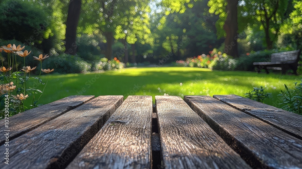 A serene park scene with a wooden bench and vibrant flowers in a lush green garden. A serene park scene with a wooden bench and vibrant flowers in a lush green garden.