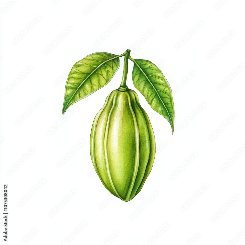Green cacao pod with leaves, isolated on white background. Green cacao pod with leaves, isolated on white background.