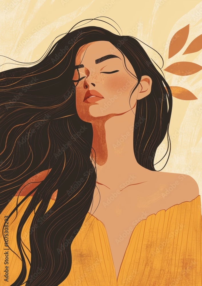 A woman with long hair is shown in a yellow dress A woman with long hair is shown in a yellow dress