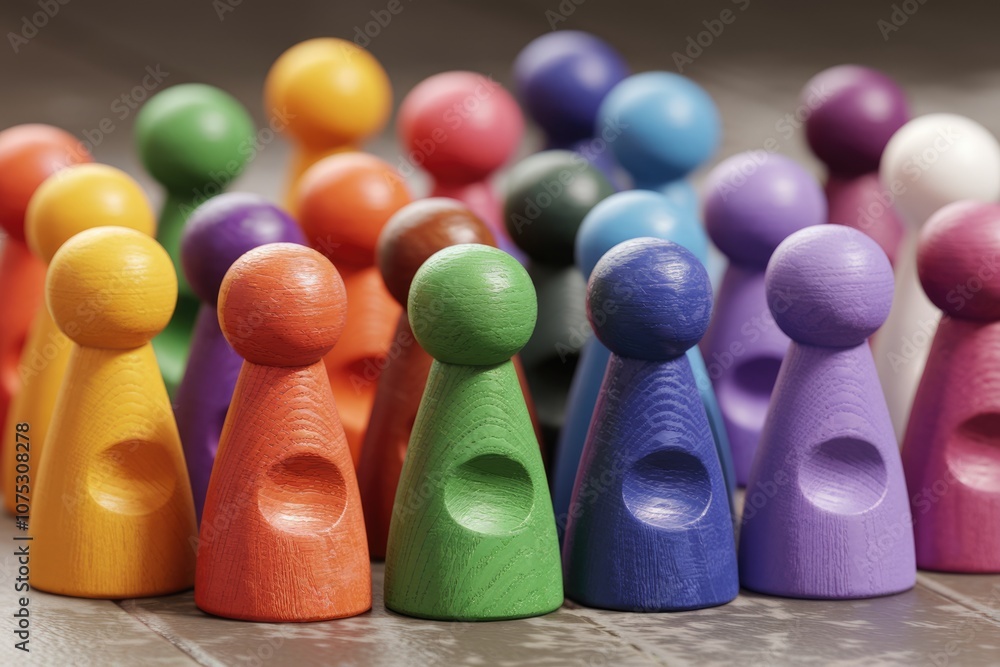 A group of colorful wooden figures standing in a row. A group of colorful wooden figures standing in a row.
