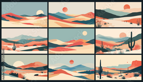 Abstract desert landscape. Minimalist summer mountain cactus contemporary background posters set vector illustration