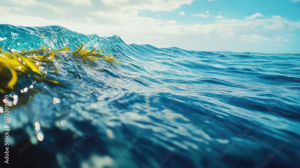 Underwater view of ocean waves and seaweed. Scuba diving scene with bubbles from breathing apparatus. Underwater view of ocean waves and seaweed. Scuba diving scene with bubbles from breathing apparatus.