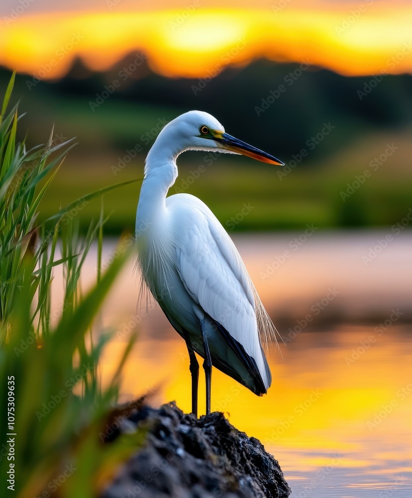 Fototapeta premium Stunning Great Egret at Sunset: A Serene Moment in Nature's Beauty