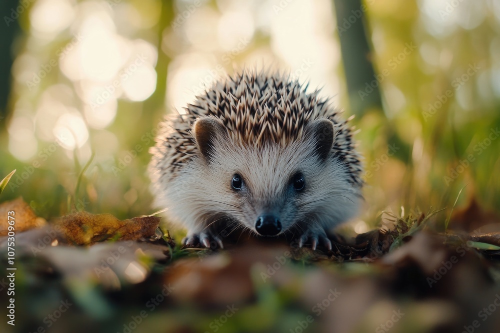 Cute little hedgehog exploring leaves on ground. Cute little hedgehog exploring leaves on ground.