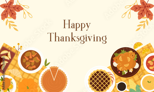 Traditional Thanksgiving Dinner Table Top View Flat Design. Thanksgiving Eating Cuisine Dishes View from Above Illustration